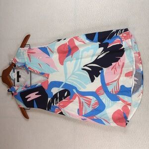 Gibson Tropical Print Pink & Blue Rayon V Neck Tank Blouse XXS‎